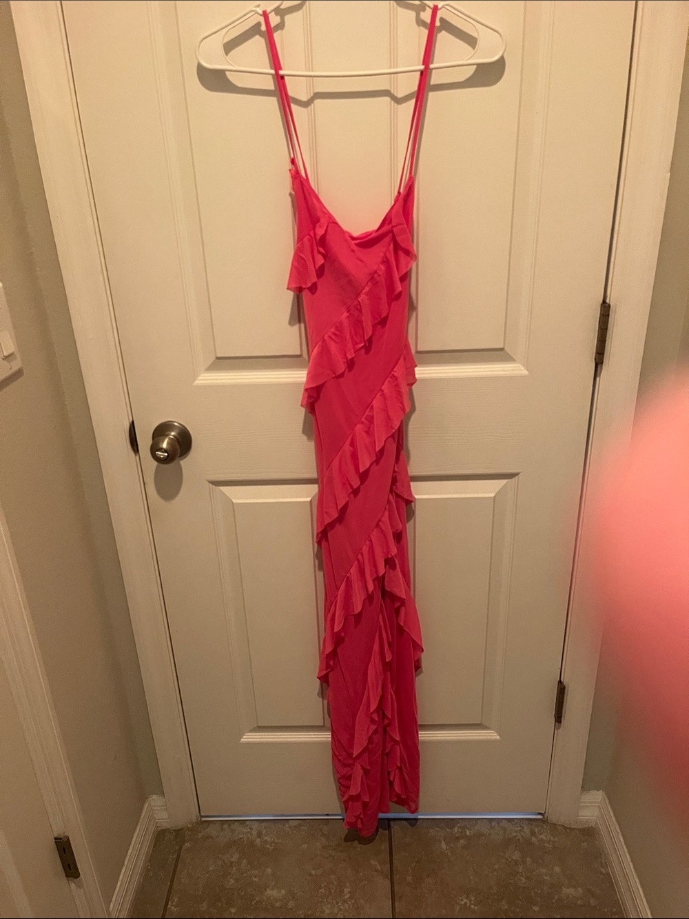 Sincerely Jules Coral Pink Ruffle Maxi Dress with Spaghetti Straps